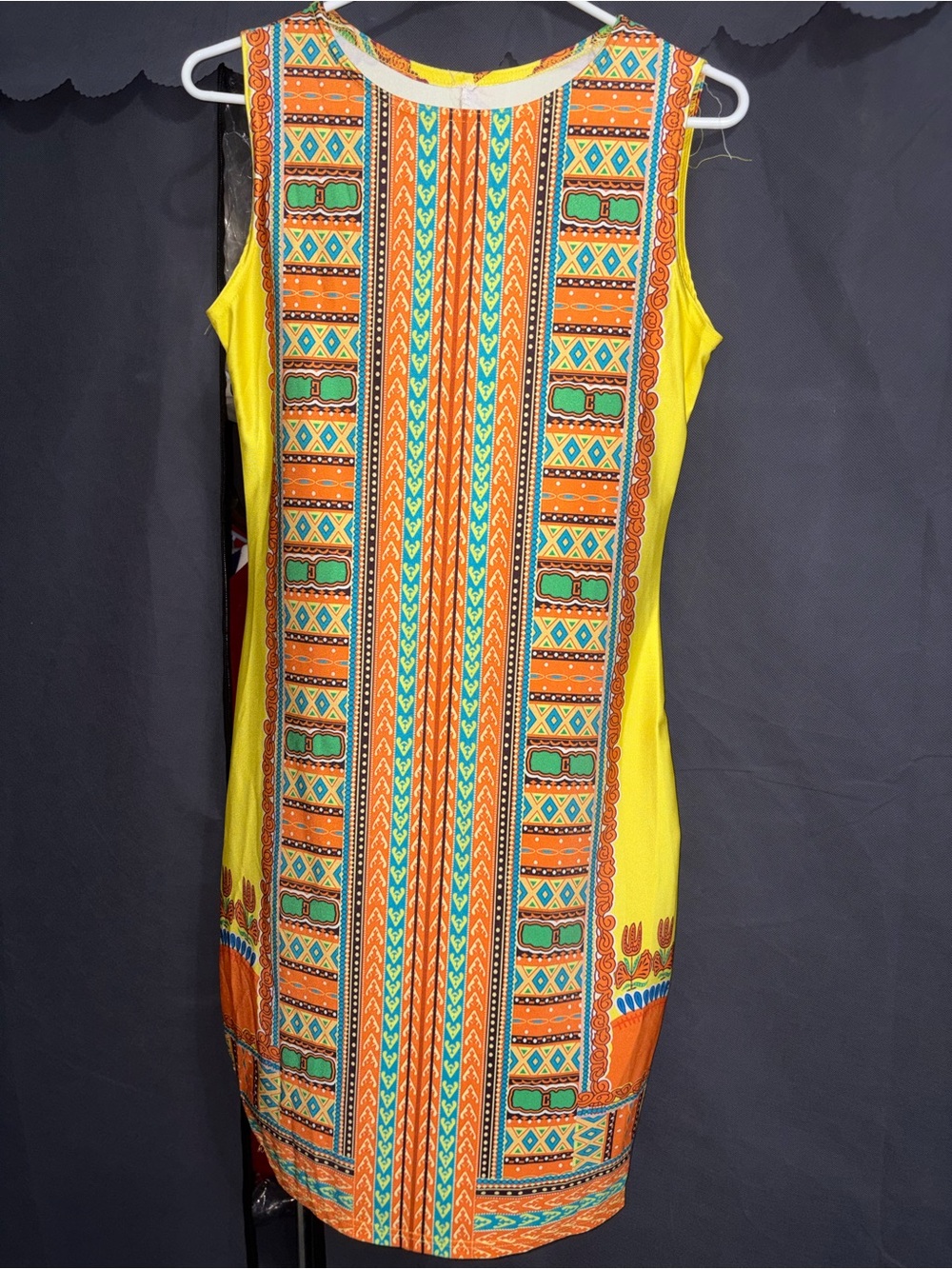 Yellow Sleeveless Printed Shift Dress with Geometric Trim